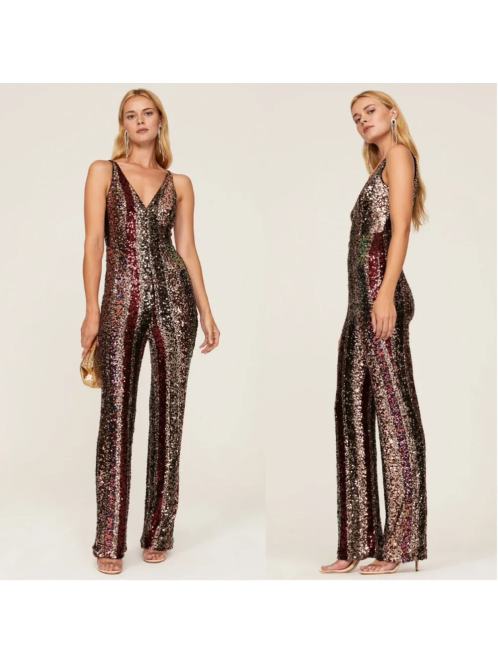 Dress The Population Charlie Rainbow Striped Sequin Wide Leg Disco Jumpsuit L